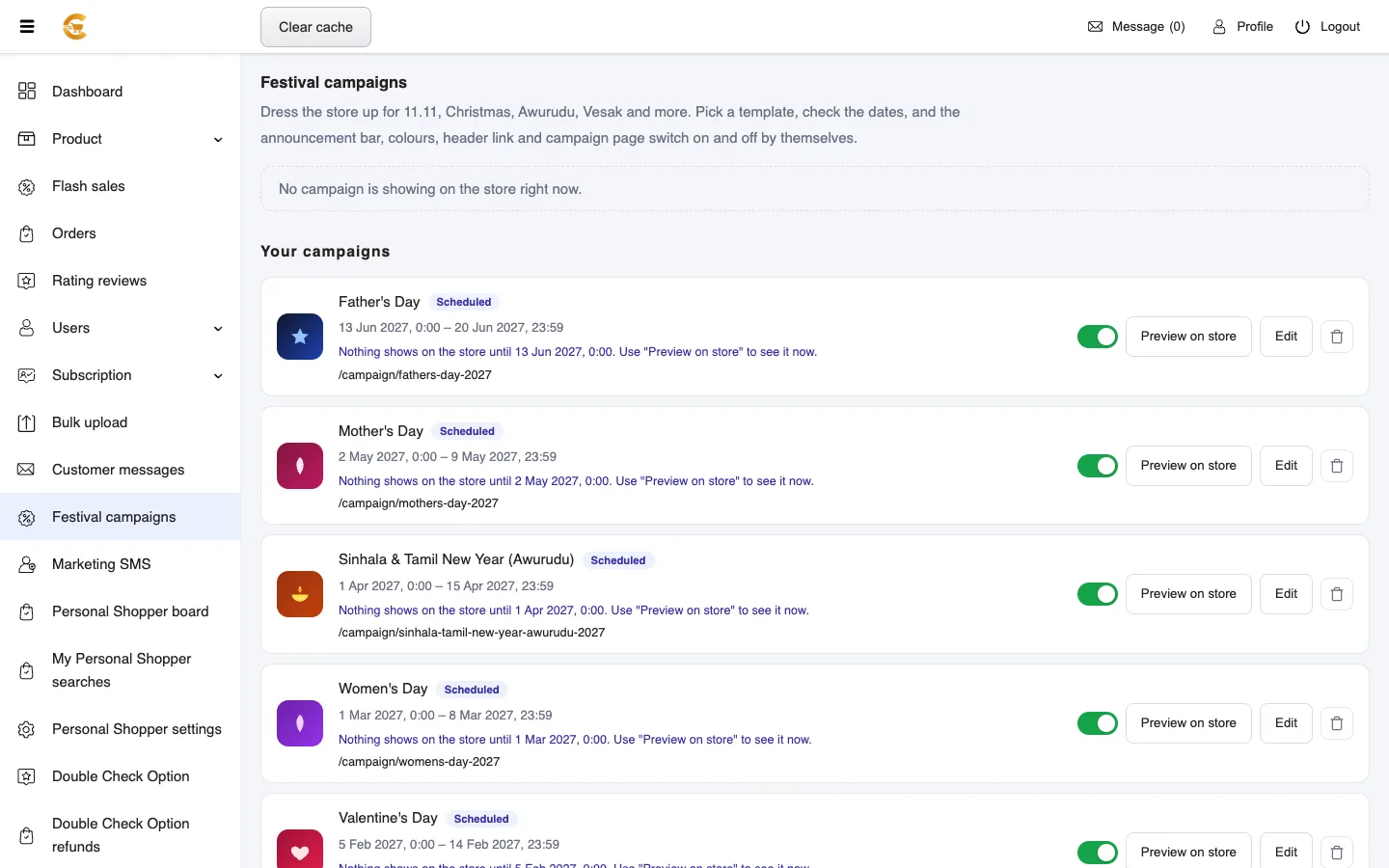The festival campaigns in the admin panel
