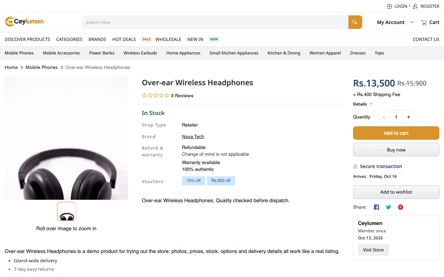 A product page in the Ceylumen storefront