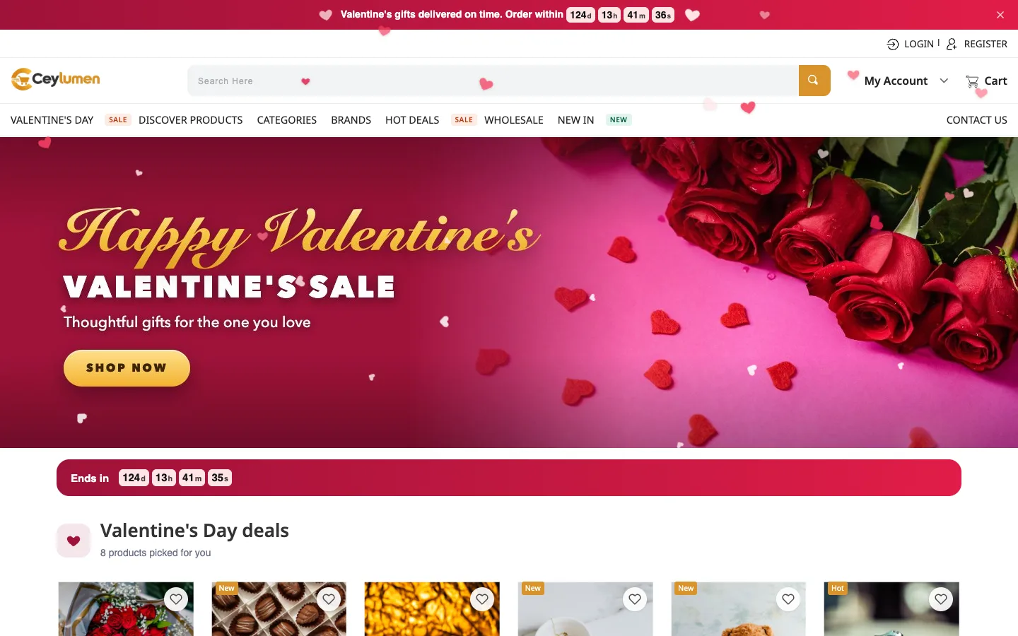 A Valentine's Day campaign page in the storefront, with its banner, countdown and products